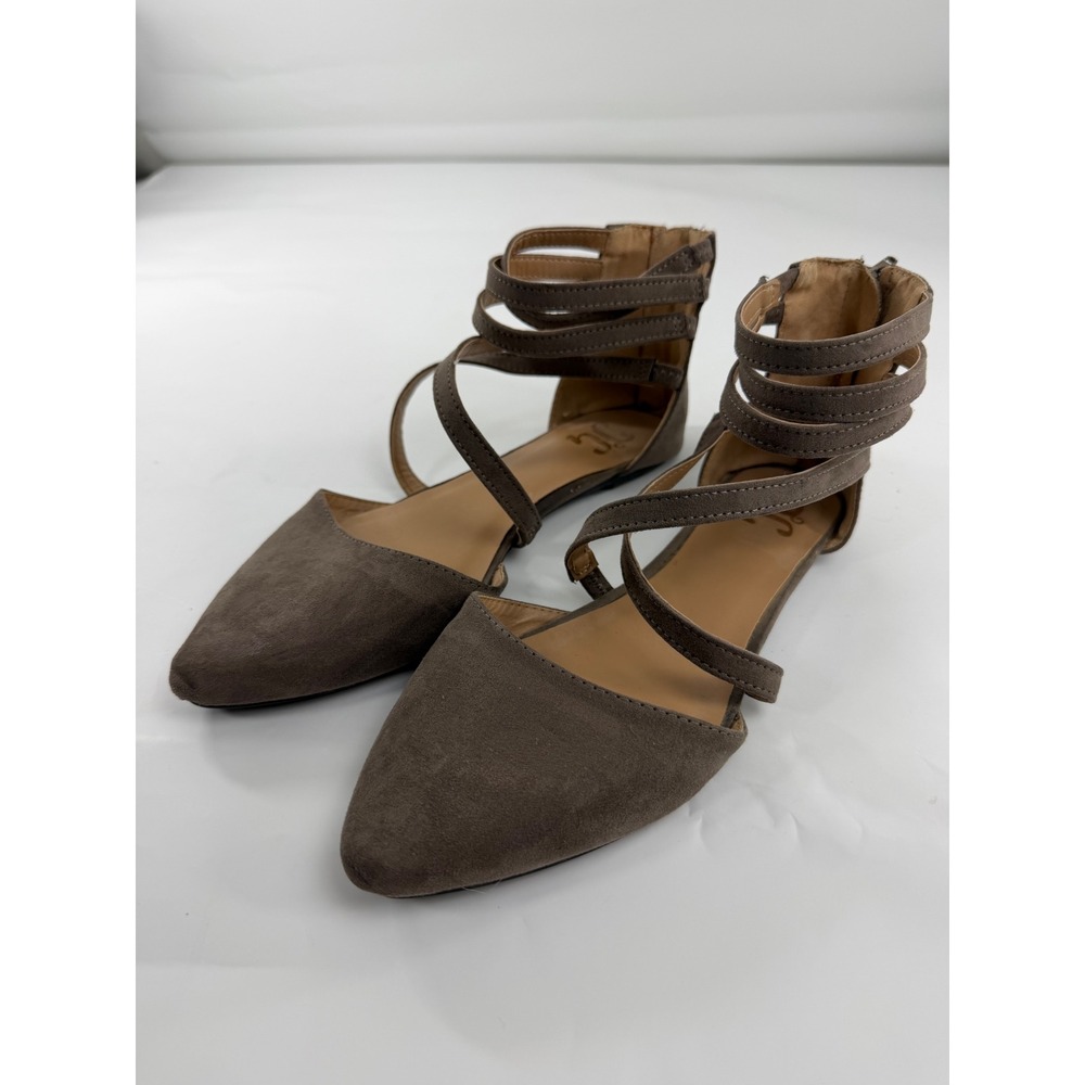 Journee Collection Womens Taupe Faux Suede Strappy Pointed Toe Flats Size 38